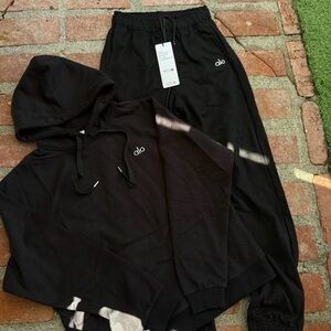 ALO Women's Black Tracksuit Set Hoodie & Joggers Size S Elastic Waist